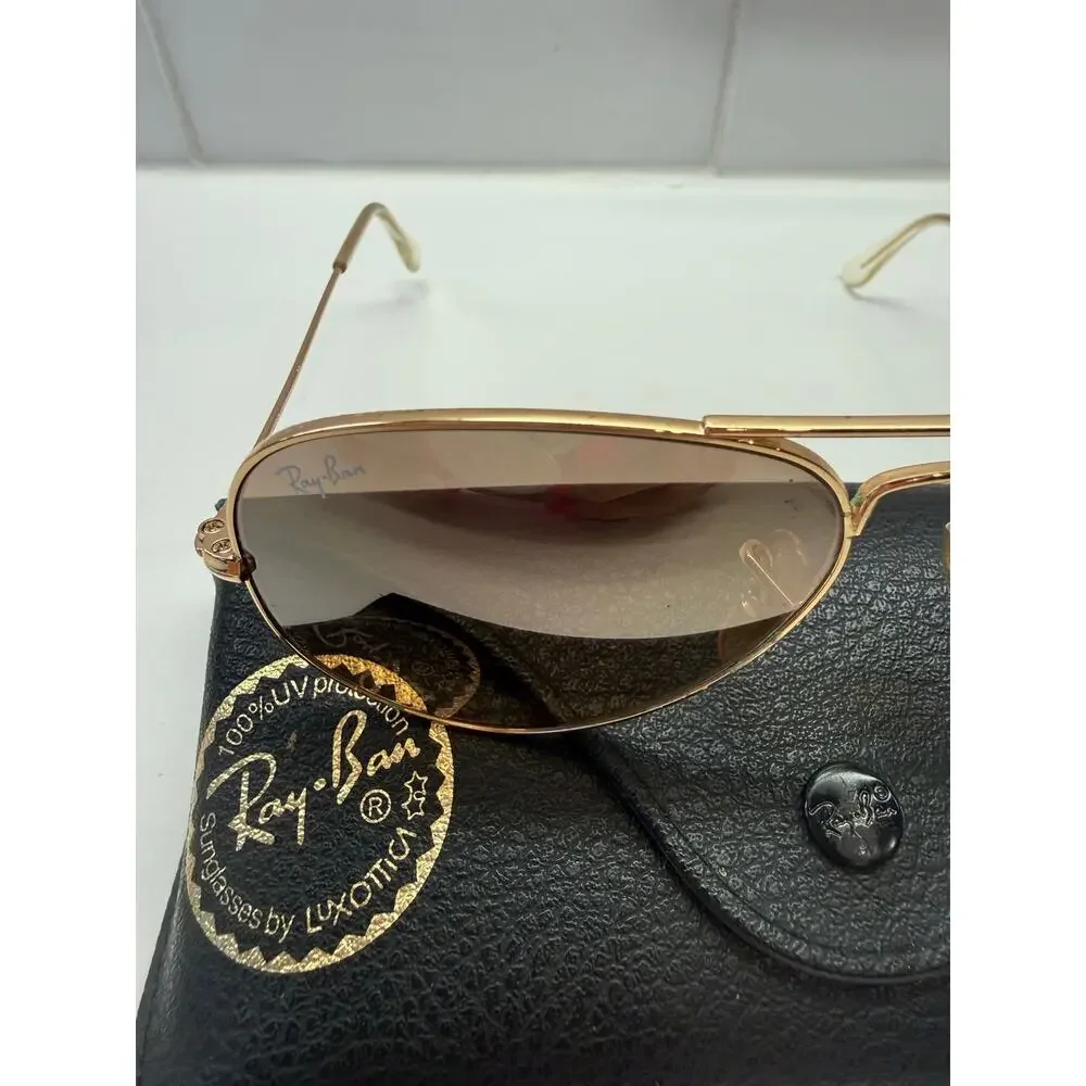 Ray-Ban RB3025 Aviator Large Metal Sunglasses Gold Pink Mirror 55-14 001/3E EUC
